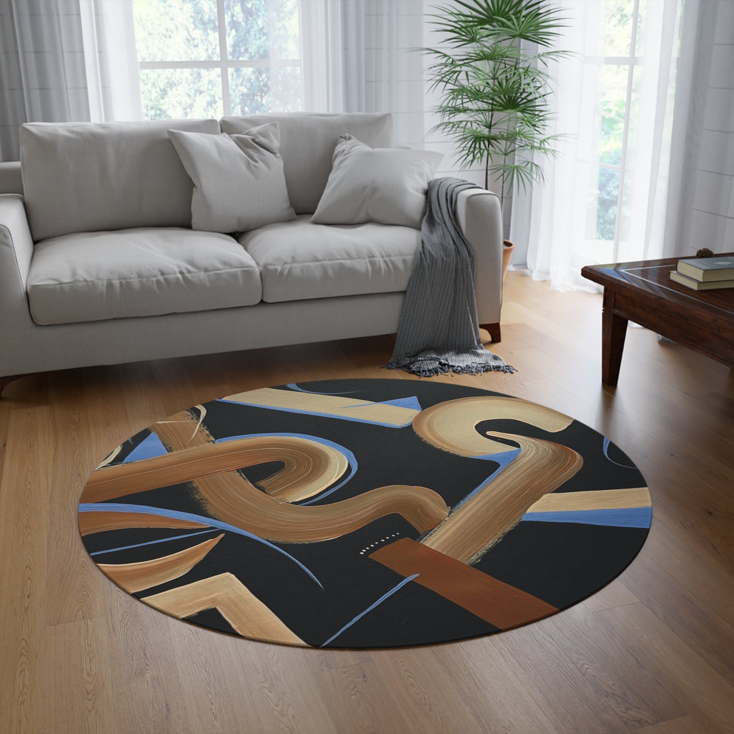 Black, Brown and Blue Round Rug